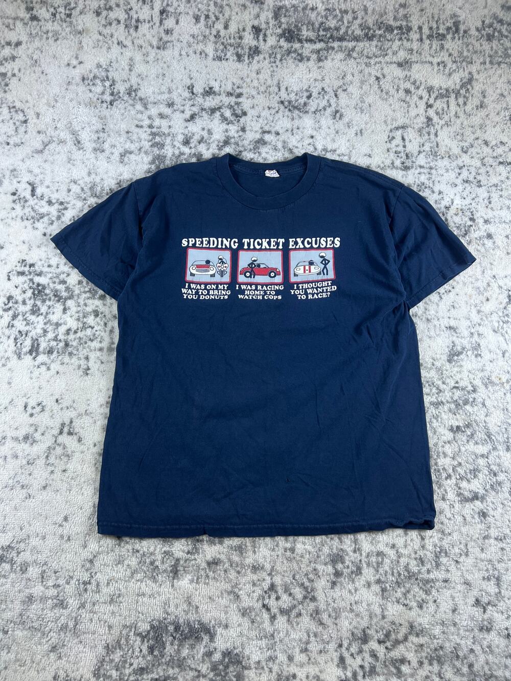 Vintage Speeding Ticket Excuses T-Shirt Mens L Blue Car Humor Graphics Print Tee